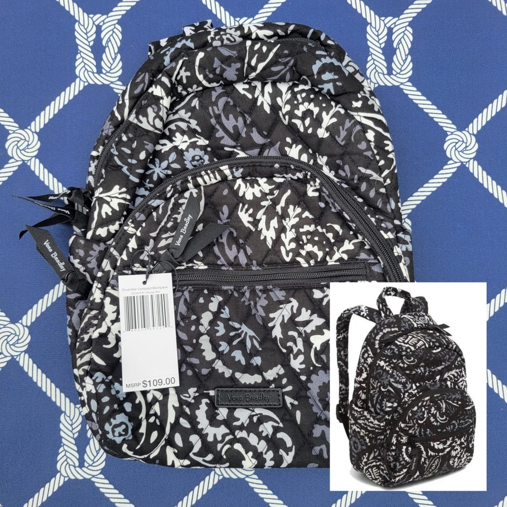 Vera Bradley Essential Compact Backpack Paisley Noir 23725-P70 Black Cotton New!